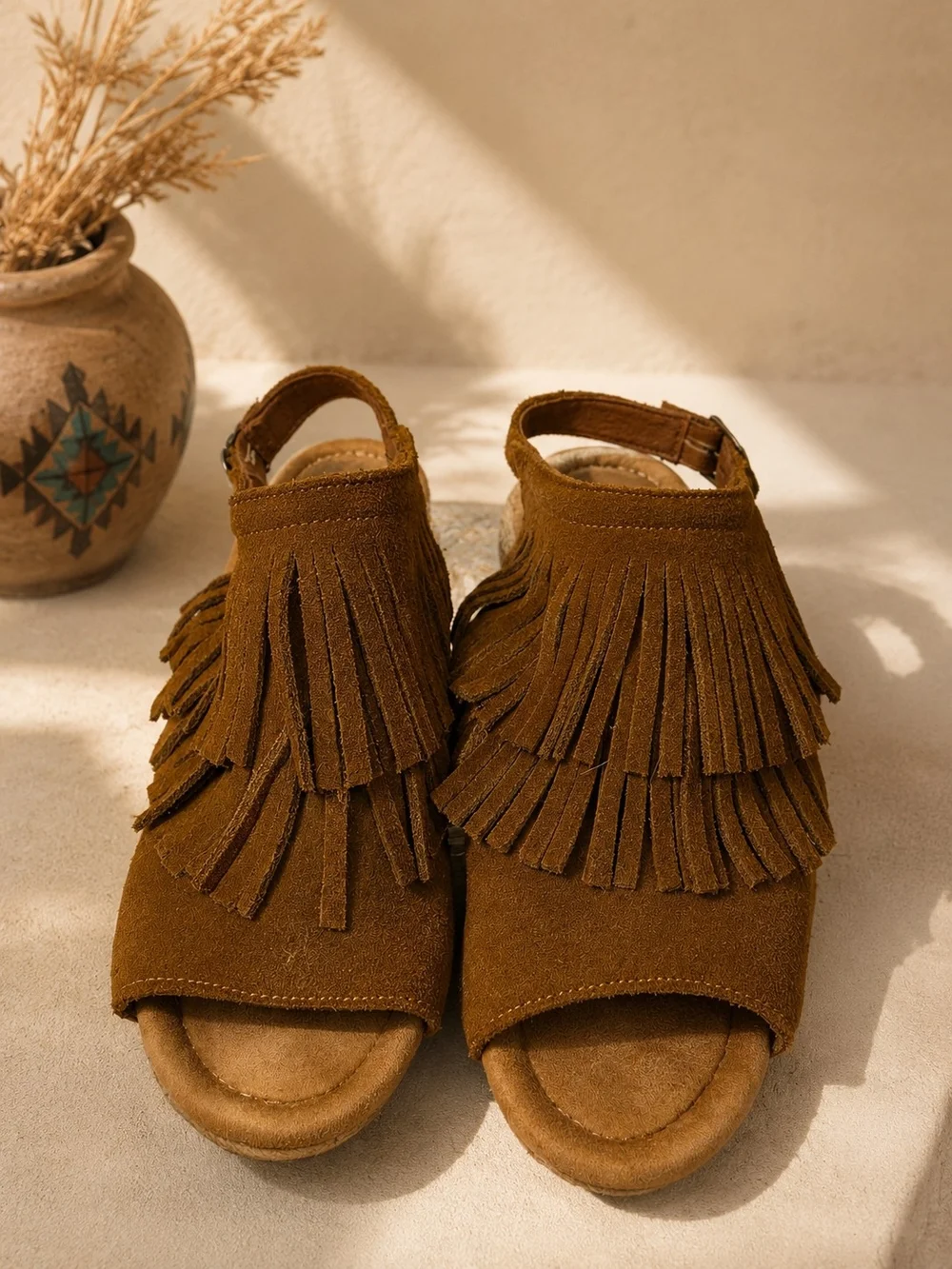 Minnetonka Brown Suede Fringe Espadrille Wedge Slingback Sandals Women's Sz 9